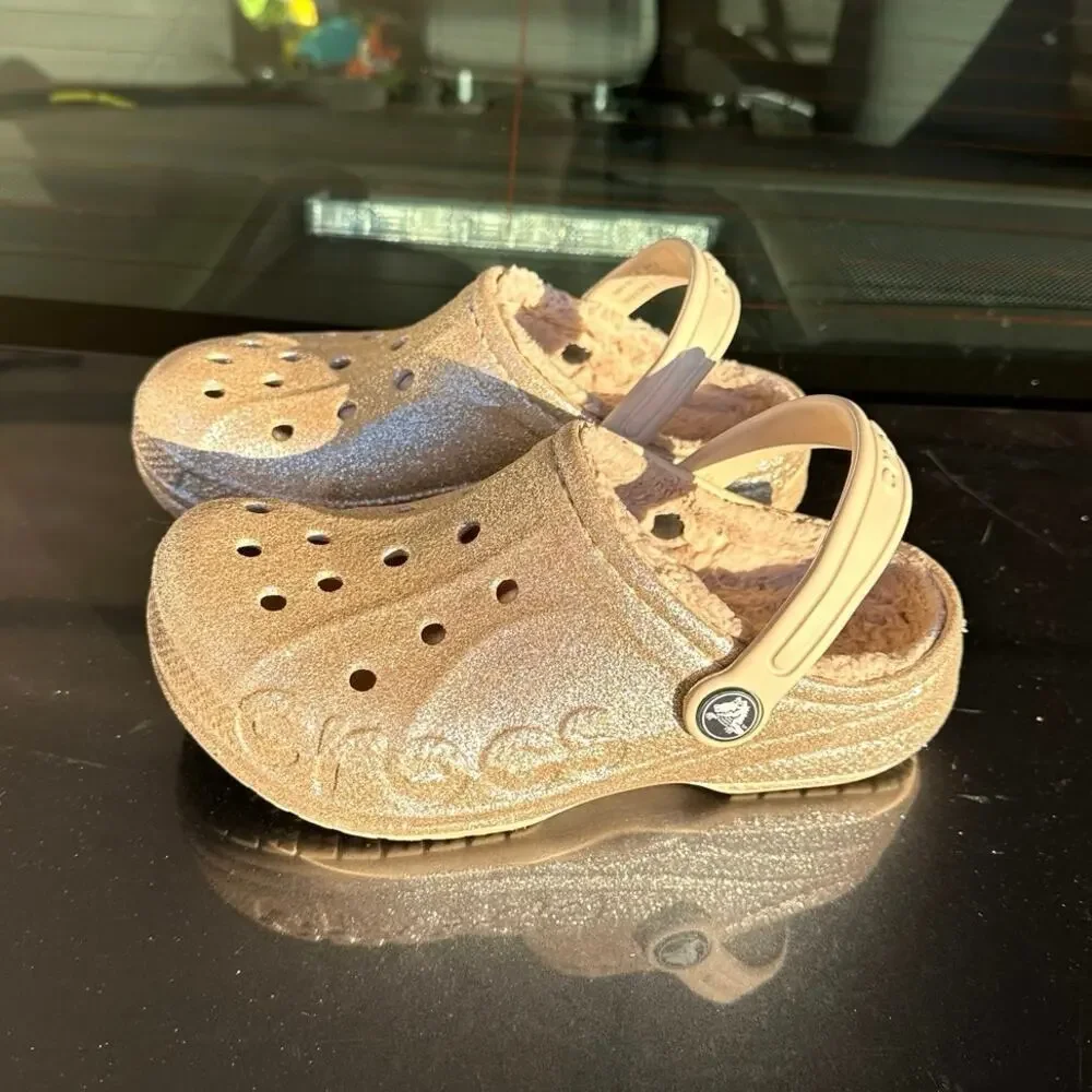 Crocs Little Kids Baya Lined Fuzzy Glitter Clogs Girls Size J 1 Gold‎